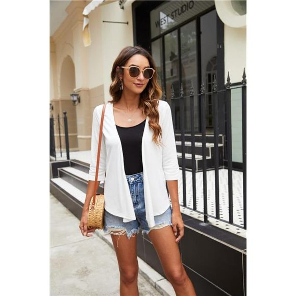 Women's Cardigans Tie Open Front Shrug 3/4 Sleeve Cropped Bolero Jacket - Picture 5 of 7